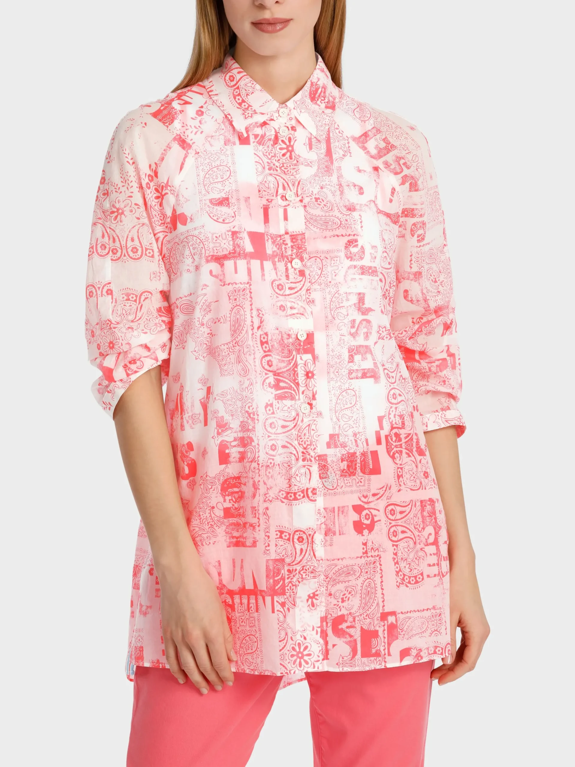 Marc Cain Blusen & Tuniken-BLUSE IM BANDANA-LINES-PRINT light neon red