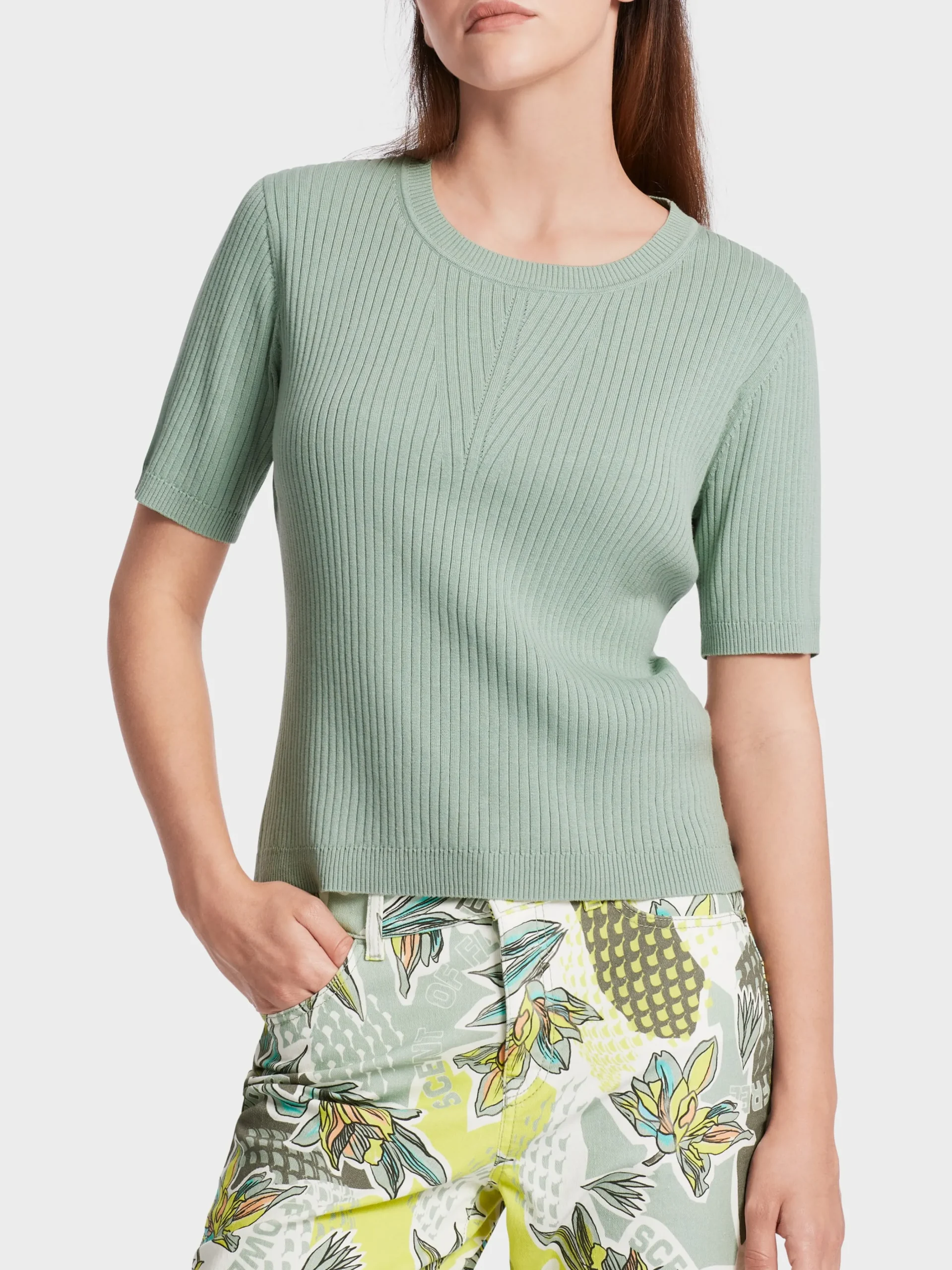 Marc Cain Pullover & Sweatshirts|Strick-KURZARM-SWEATER AUS FEINEM RIPPSTRICK soft sage
